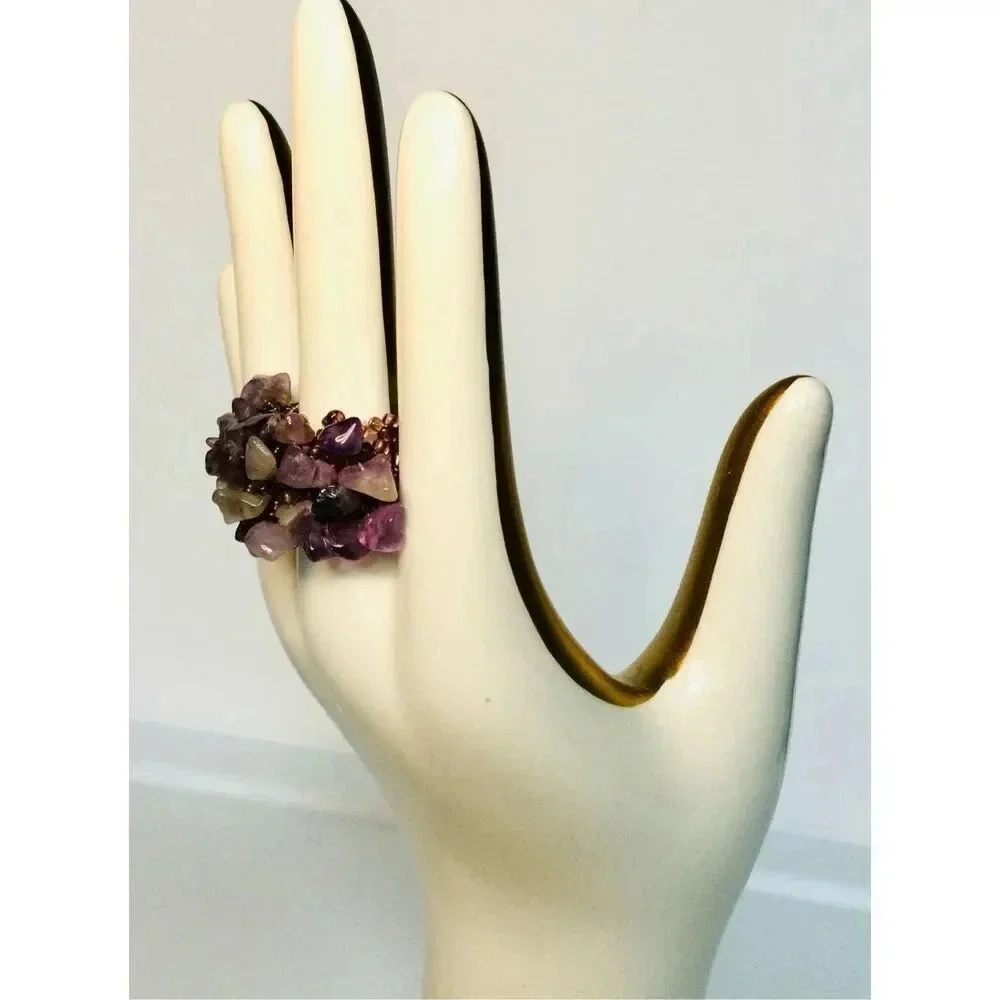 Vintage Avalaya Lavander Semiprecious Chip Cluster Beaded Wide Band Flex‎ Ring